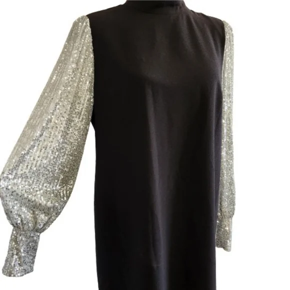 🆕️⬇️Nicole Miller Black Stretch Crepe Camille Dress With Sequin Puff Sleeves - Picture 5 of 15
